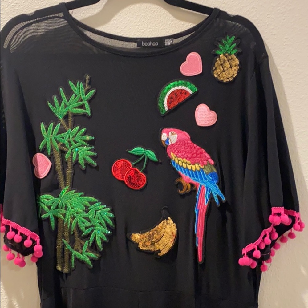 Tropical Pom Sleeve Sheer Maxi Dress